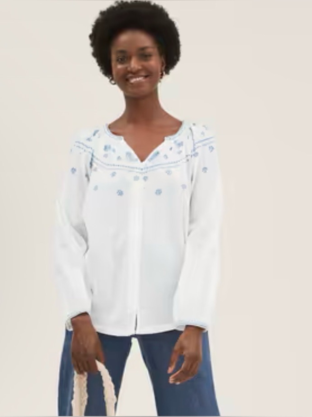 M&S Marks & Spencer blue & white embroidered flowy v neck top sz 14 XL